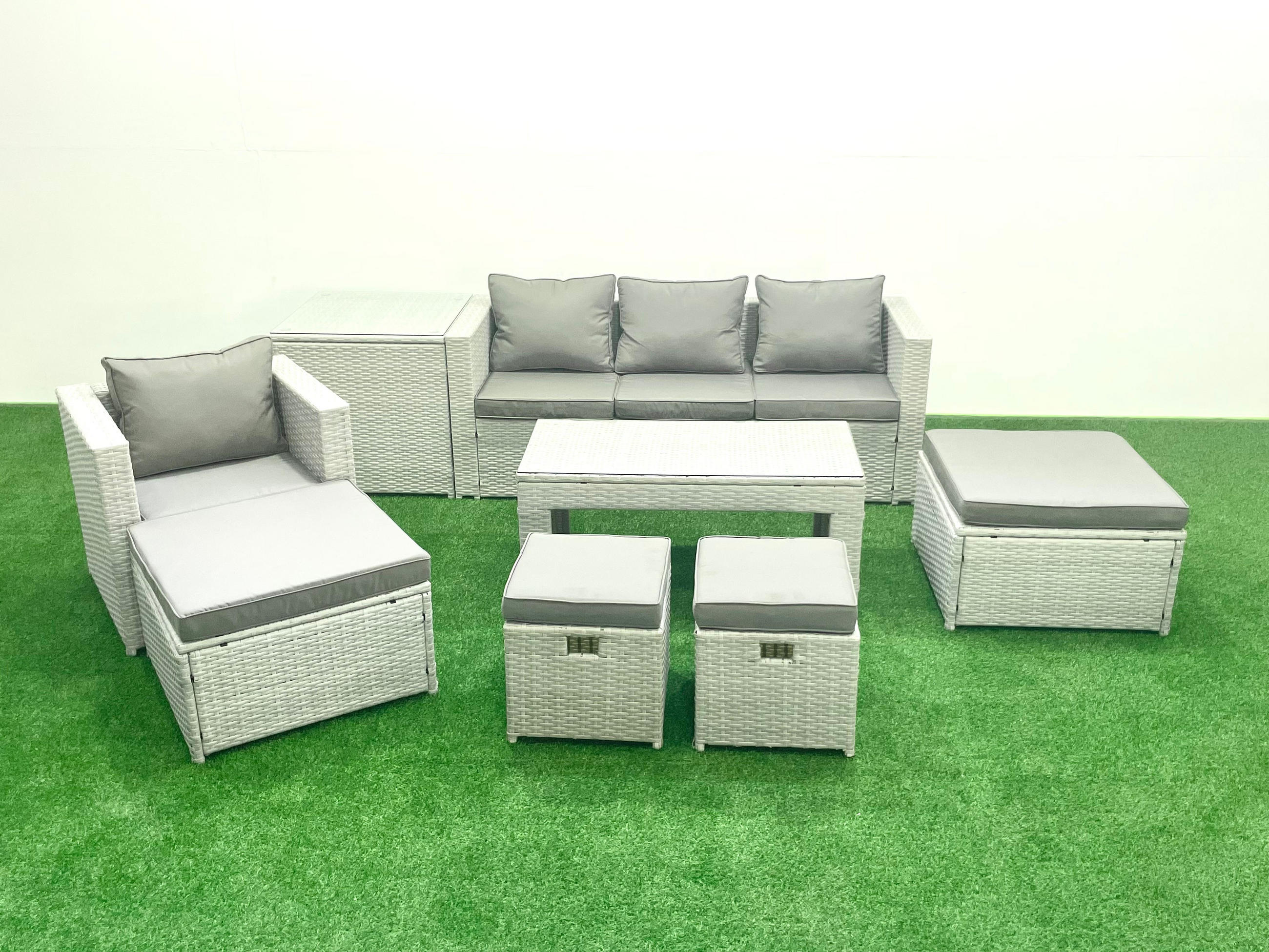 BALKONMÖBEL-SET Polyrattan Hellgrau-Mix 8-teilig - Hellgrau/Grau, Glas/Kunststoff - Fimous