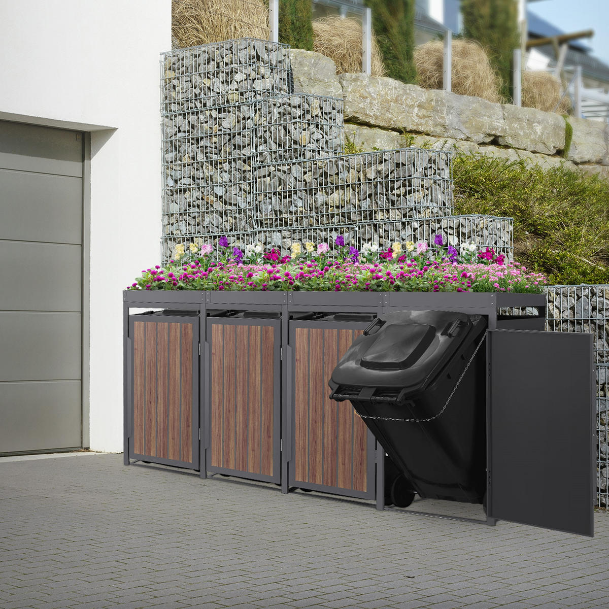 MÜLLTONNENBOX 4er mit Pflanzdach 240L Anthrazit-Holzoptik aus Stahl - Dunkelbraun, Metall (80/124/260cm) - ML-DESIGN