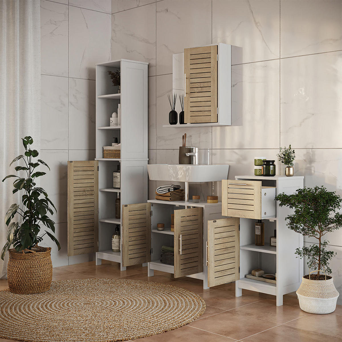 BADMÖBEL-SET Looma Weiß/Eiche 4 Teile - Weiß, Holzwerkstoff (60/60/29.6cm) - Vicco