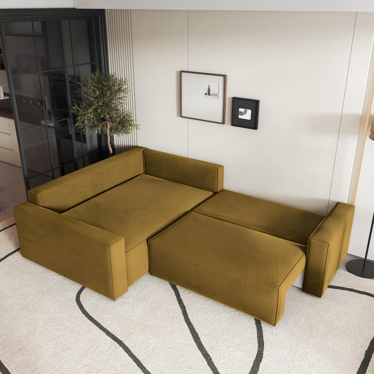 ECKSOFA ERONIS L-S Gelb Velours-Stoff mit Schlaffunktion - Gelb, Holz (265/194cm) - MASSENO