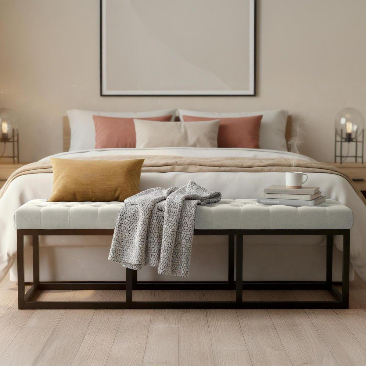 SITZBANK 150/37 cm Samt Creme - Creme/Schwarz, Textil/Metall (150/42/37cm) - CLP