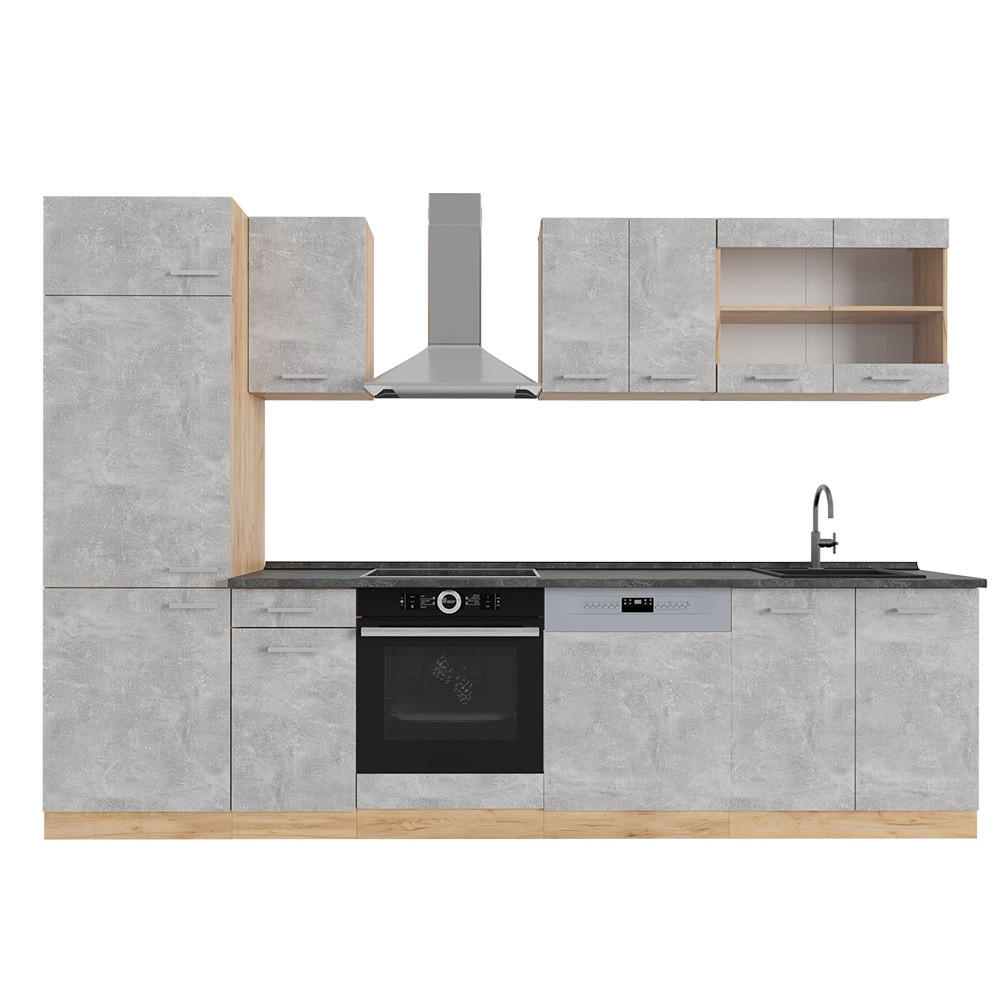 KUHINJSKI BLOK R-Line Beton/zlati hrast 300 cm , DP Antracit - siva/medeni hrast, leseni material (300/81.6/60cm) - Vicco