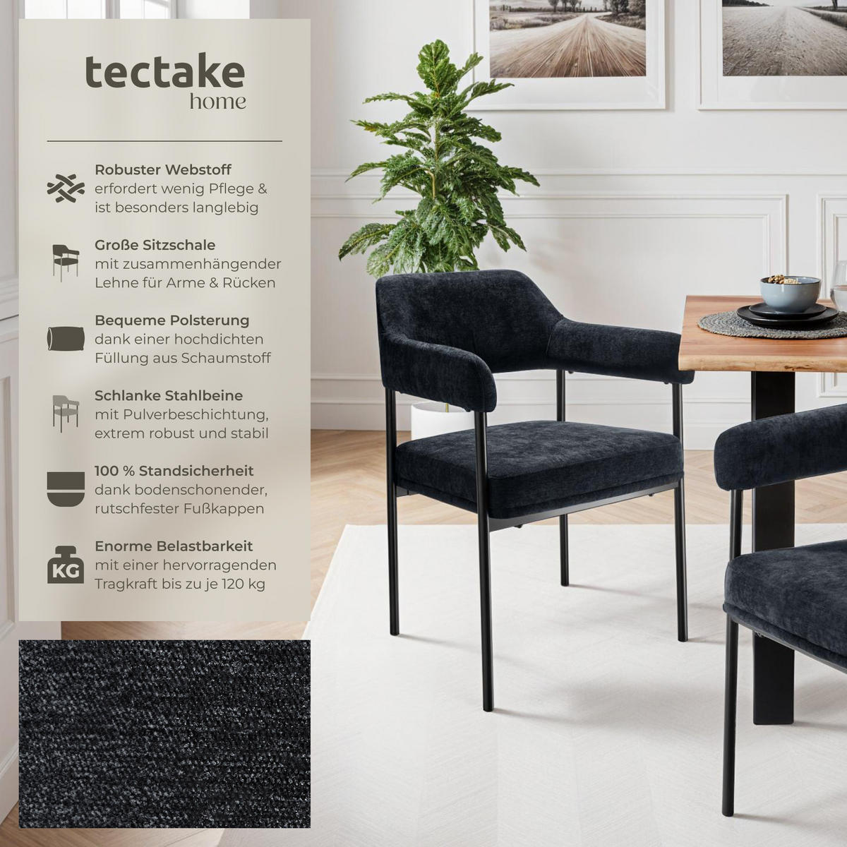 ARMLEHNSTUHL 6er Set Doé 58 x 62 x 85 cm Webstoff schwarz/schwarz - Schwarz, Textil (58/85/62cm) - tectake