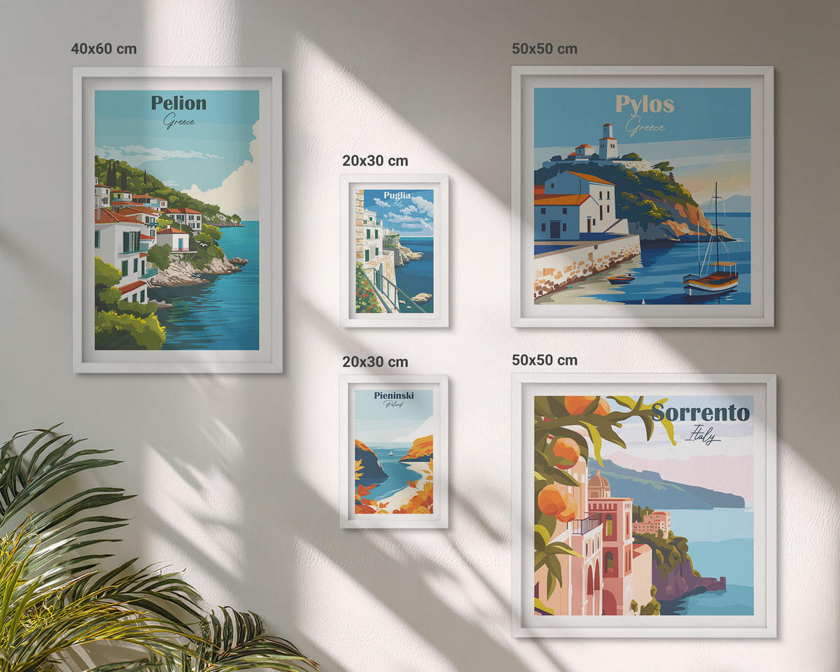 BILDER SET 5er Set - 50x50 cm & 20x30 cm & 40x60 cm Weißer Rahmen - Farbenfrohe Illustrationen von Retro-Städten - Weiß, Kunststoff (40/60cm) - TULUP