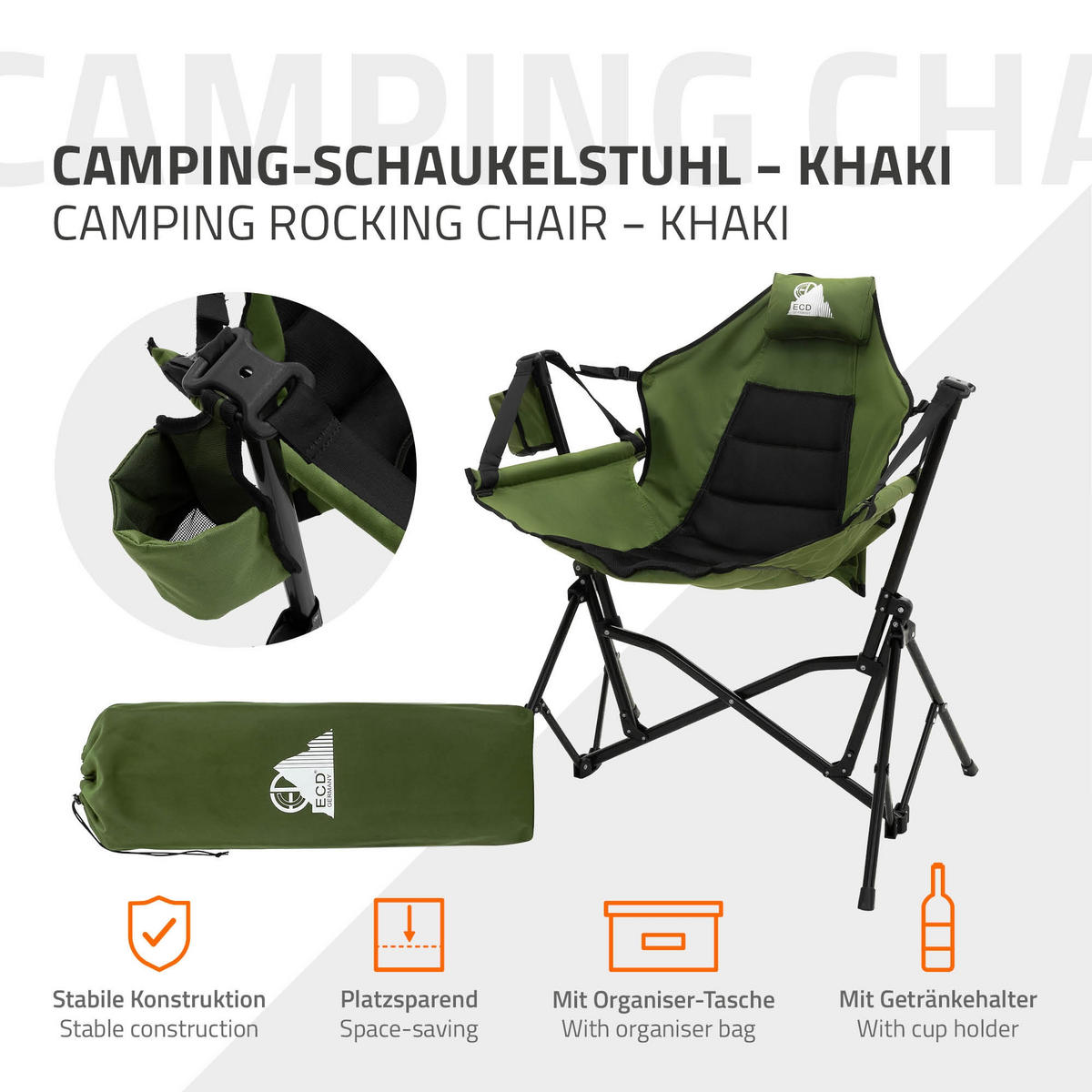 CAMPING-SCHAUKELSTUHL faltbar Khaki mit Stahlgestell 82x105x107 cm - Grün, Textil (105/107/82cm) - ECD-Germany