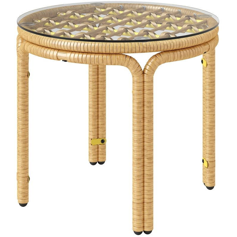 GARTENTISCH aus Rattan Ø50 x 44 cm Gelb mit Sicherheitsglasplatte - Gelb, Glas (50/50/44cm) - Modfu