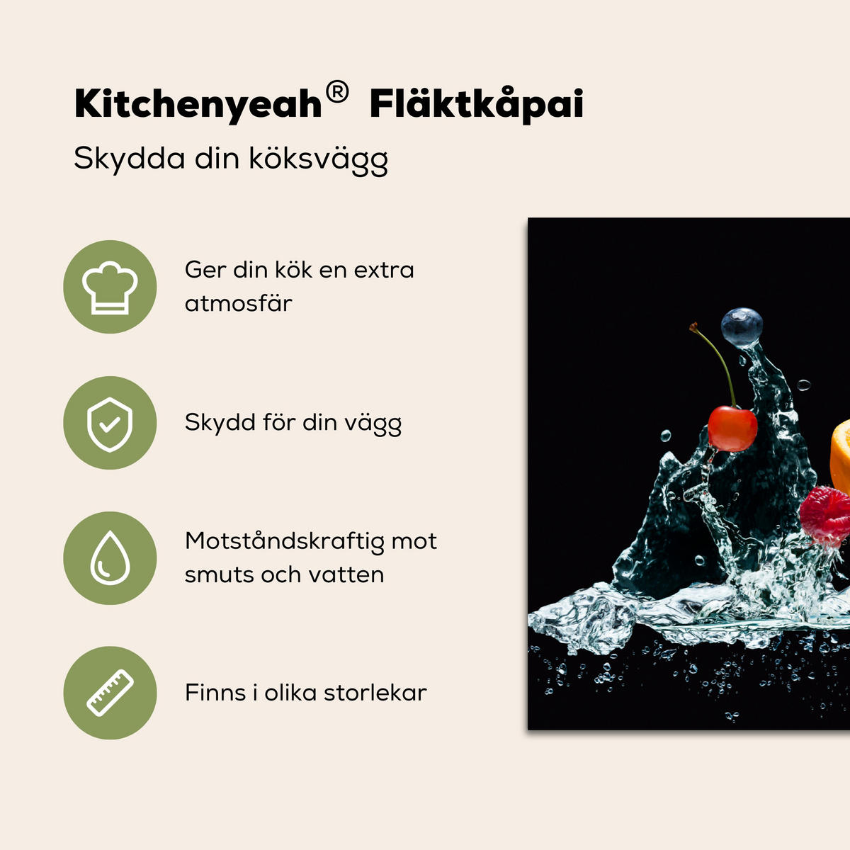 SPRITZSCHUTZ KÜCHE Wasser - Obst - Orange - Erdbeere - Kirsche - Schwarz 80x55 cm - Orange, Metall (80/0.3/55cm) - MuchoWow