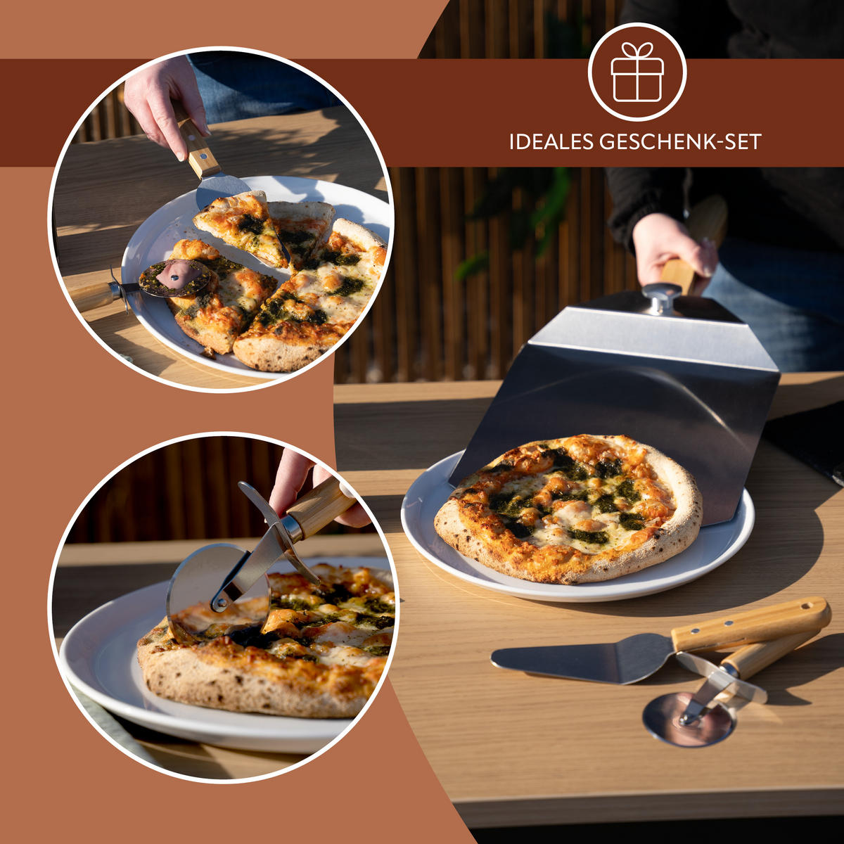 PIZZASCHIEBER 3er Set, aus Edelstahl mit Bambusgriff - Grau, Metall (60.5/1.5/25.5cm) - eluno