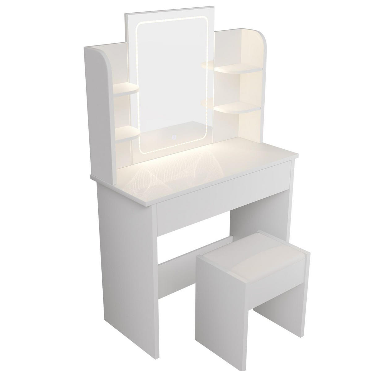SCHMINKTISCH Zoey LED-Spiegel & Hocker Melly - Weiß, Holz (40/140/90cm) - Juskys