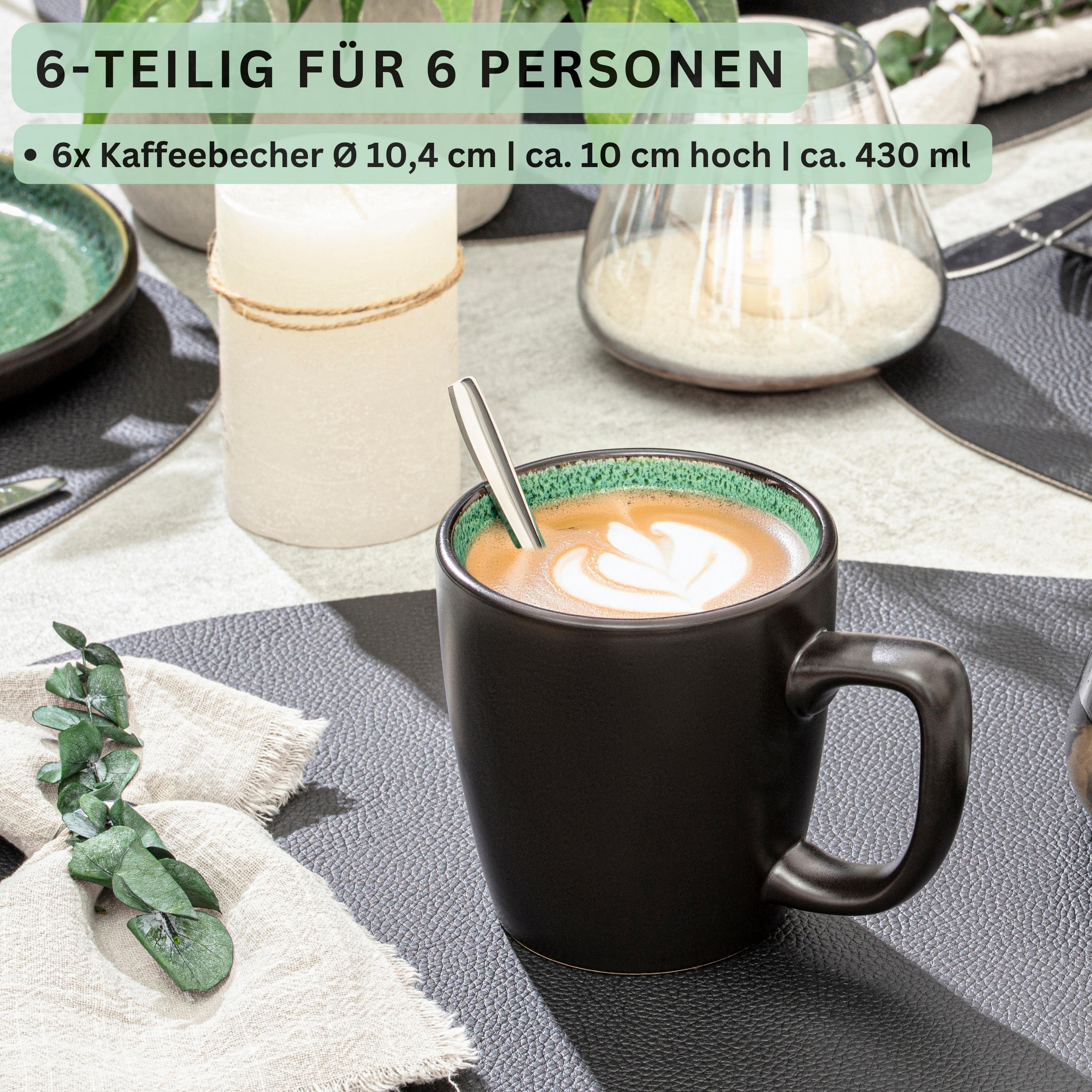 KAFFEEBECHER SET GREENWICH - 6 teilig aus Steingut - Grün, Stein (0.43L) - Sänger