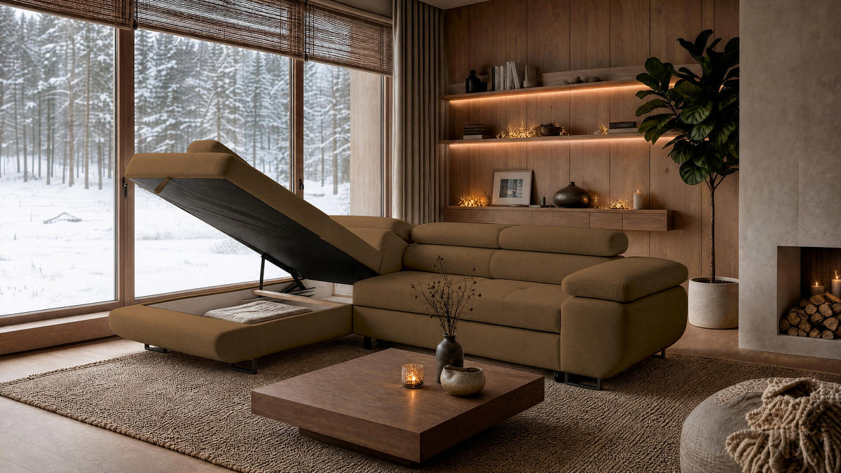 ECKSOFA Velmo mit Bettkasten und Schlaffunktion, verstellbaren Kopfstützen, in L-Form - Braun, Textil (275/203cm)