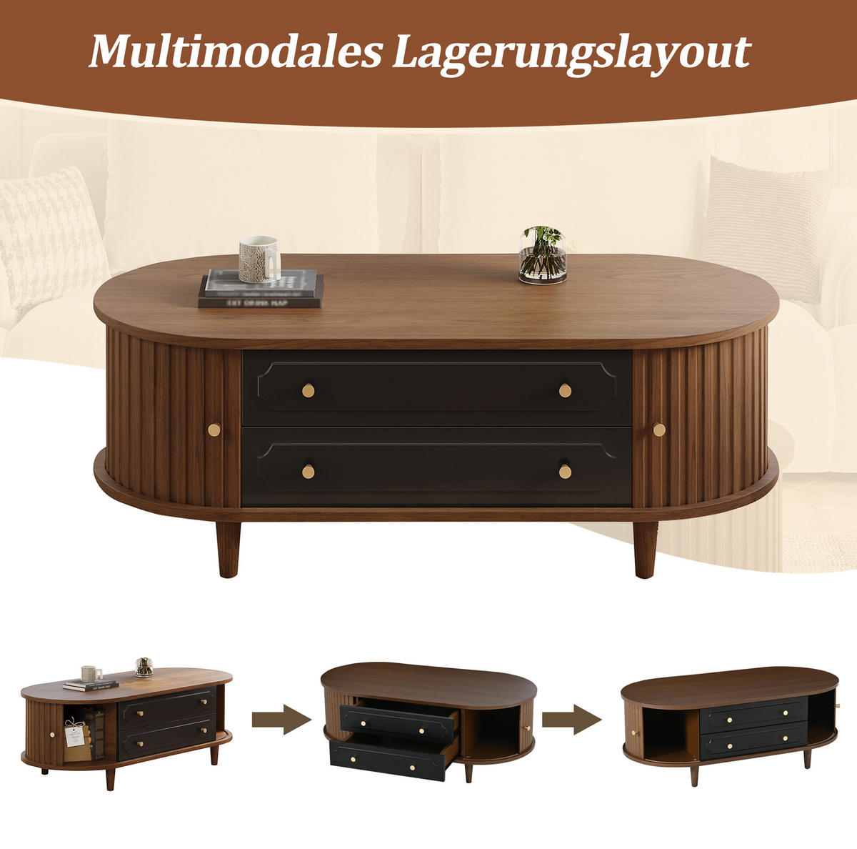COUCHTISCH aus Spanplatte 100x50x36 cm Walnussholzoptik/Schwarz mit 2 Schubladen und Rolltüren - Walnussfarben, Holzwerkstoff (100/50/36cm) - IVMEU