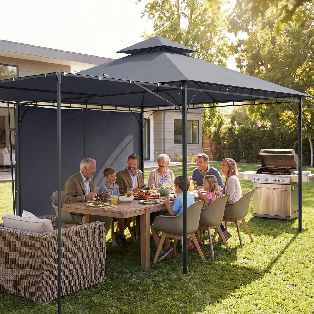PAVILLON 3,2x3,2 m Stabil Winterfest Gartenpavillon mit ausziehbaren Dachüberstand, Doppeldach Dunkelgrau - Dunkelgrau, Textil (320/275/320cm)