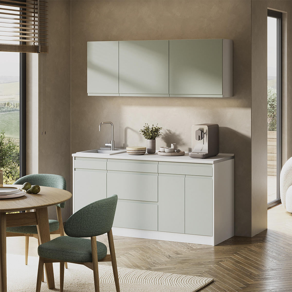 SINGLEKÜCHE R-Line, Pastellgrün/Weiß, 160 cm Arbeitsplatte Satin - Pastellgrün/Weiß, Holzwerkstoff (160/81.6/60cm) - Vicco