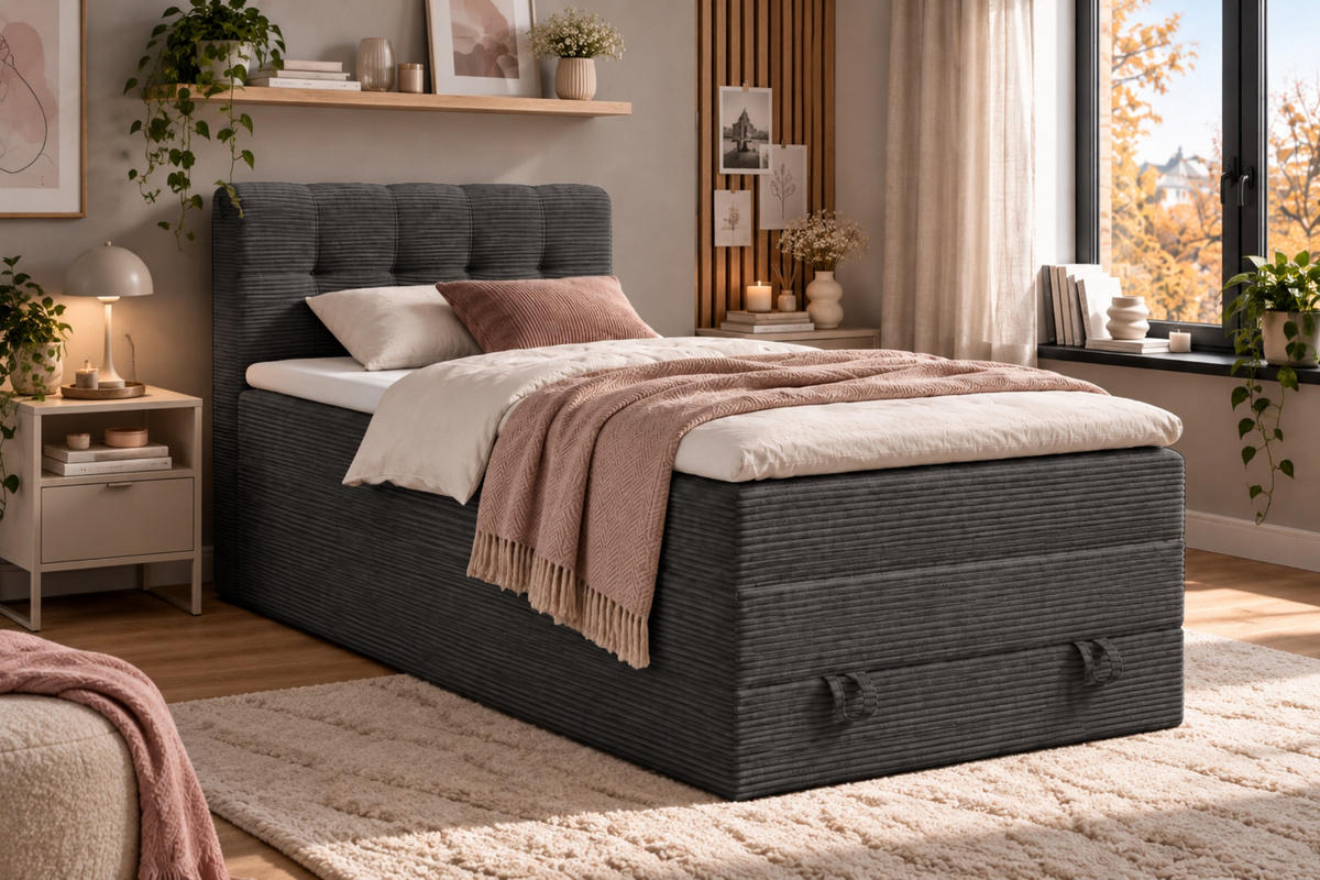 BOXSPRINGBETT JUNG 2 90/200 Cord Anthrazit mit Matratzen H3 + H4 - Anthrazit, Holz/Holzwerkstoff (90/200cm) - Deine Möbel 24