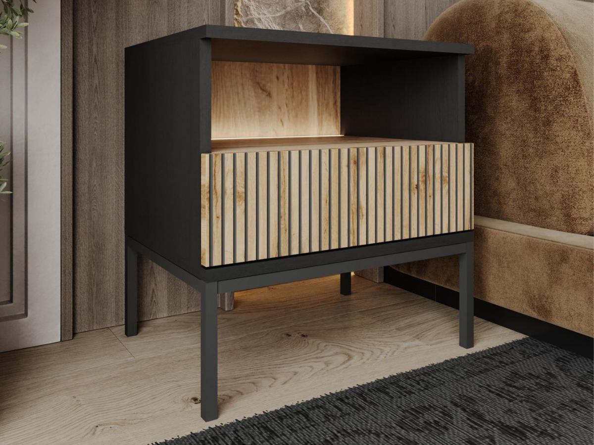 NACHTSCHRANK Schwarz 54 cm Deo - Schwarz, Naturmaterialien/Textil (54/56/39cm) - Graingold