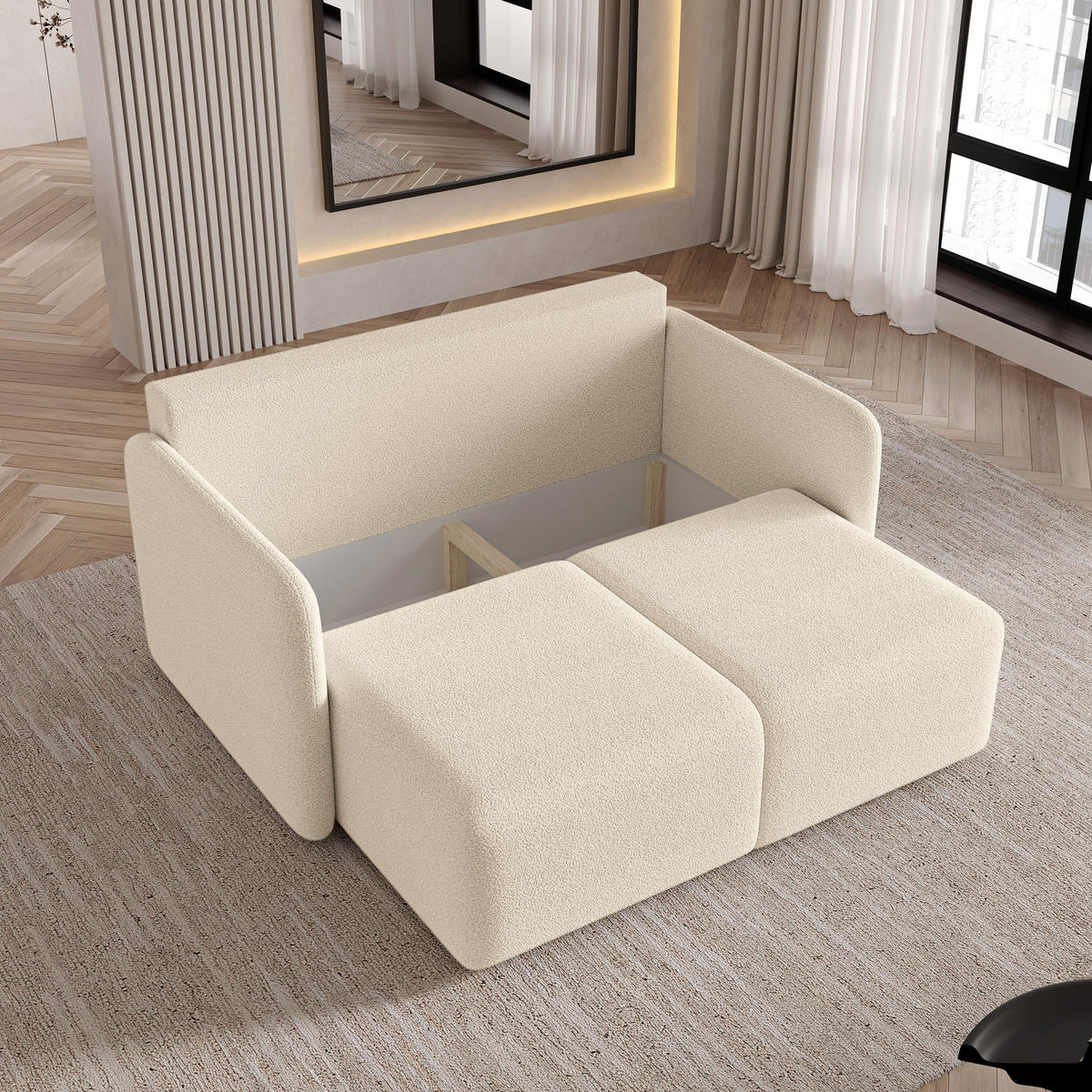 BETTSOFA SUVI II Q Creme Bucle-Stoff mit Schlaffunktion - Creme, Textil (90/85/153cm) - MASSENO