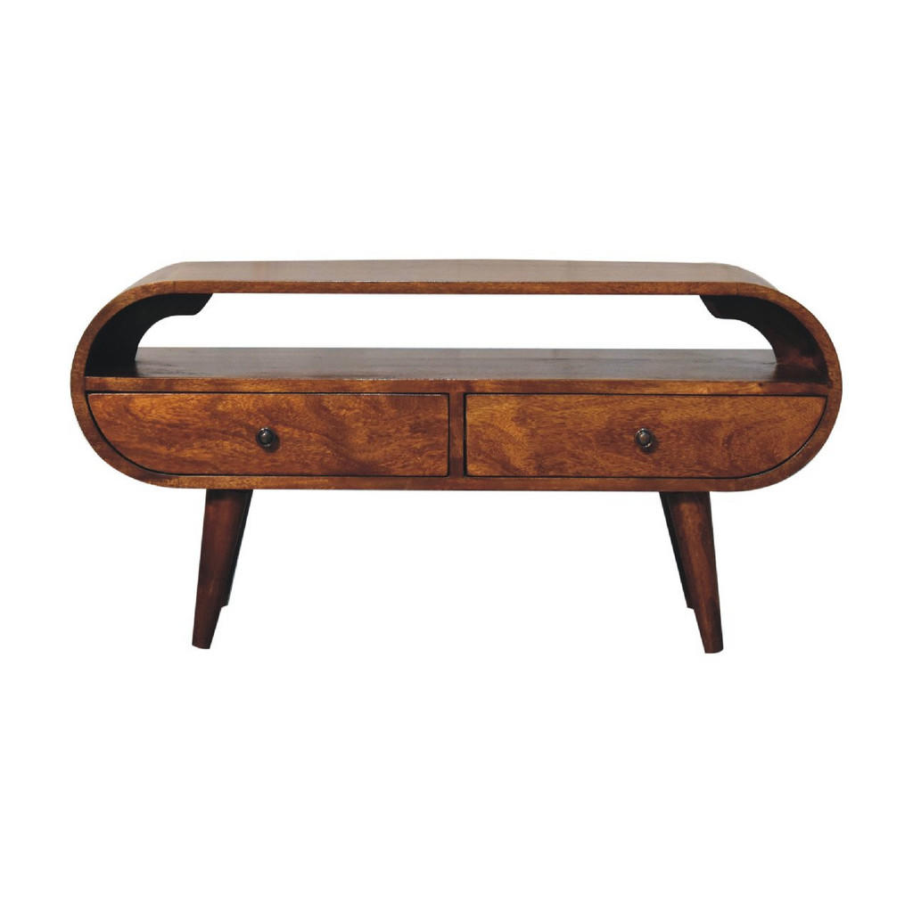 Artisan Furniture KULATÝ TV stolek v kaštanovém provedení, 2 zásuvky, 1 otevřená přihrádka, severské nohy