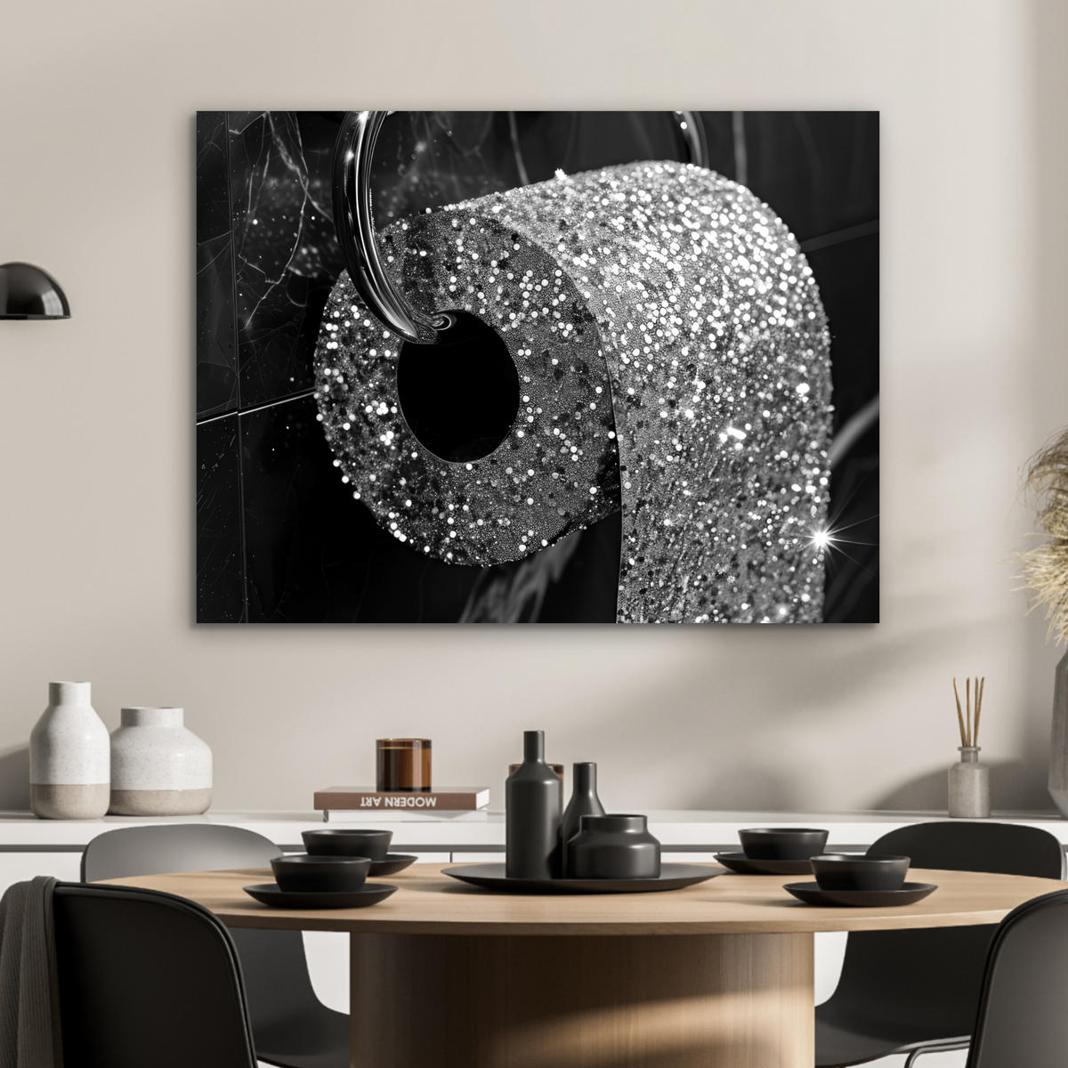KOVOVÝ OBRAZ WC - toaletný papier - čiernobiely - trblietky 80x60 cm - strieborná, kov (80/60cm) - MuchoWow