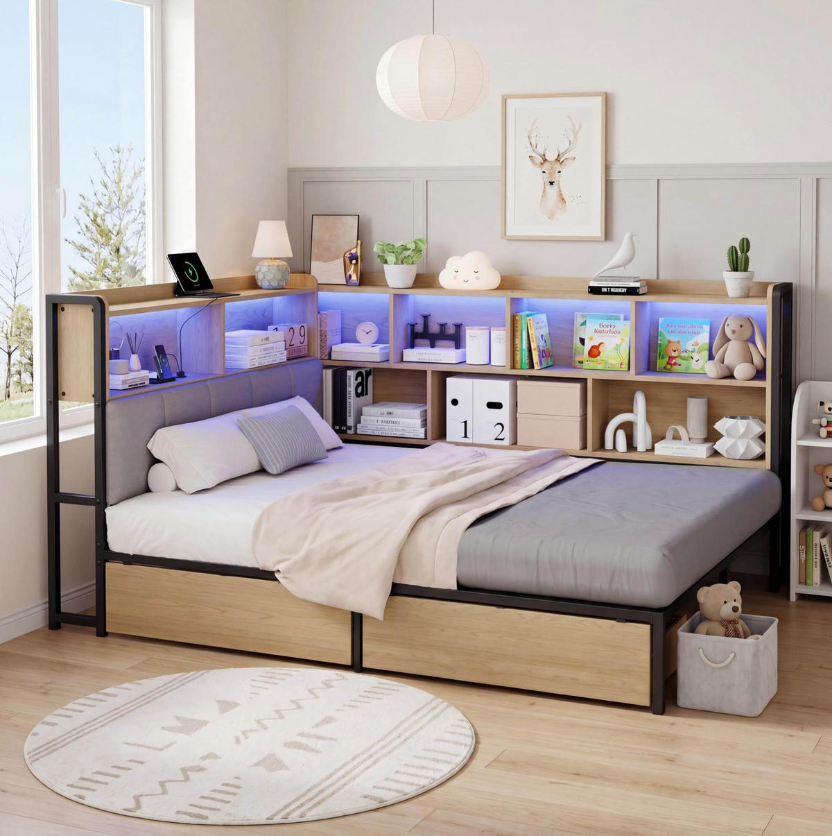 ČALÚNENÁ posteľ 90x200/140x200 cm s LED osvetlením, USB a Type-C nabíjaním, úložným priestorom a 2 zásuvkami, Sivá - prírodná farba, kompozitné drevo (140/200cm) - Redom