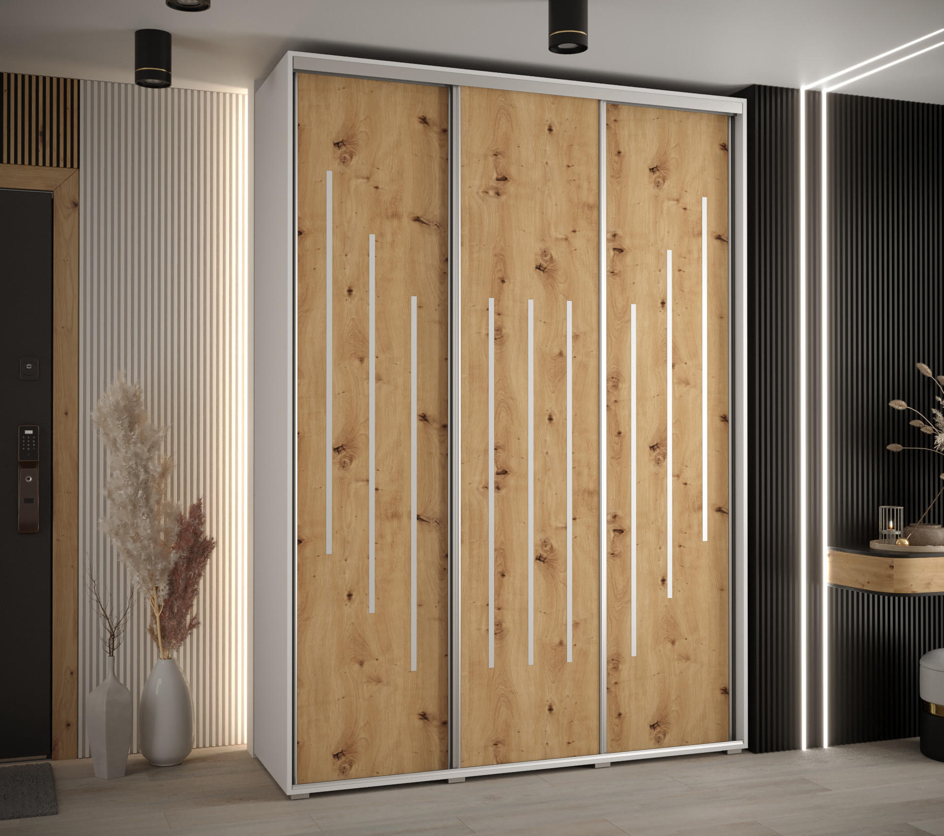 SCHWEBETÜRENSCHRANK 235,2/180/60 3-türig - Silberfarben/Eiche Artisan, Holz/Metall (180/235/60cm) - Abiks Möbel