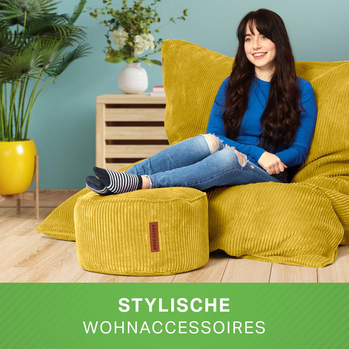 SITZSACK XXL "Square" + Pouf aus Cord - Gelb, Textil (140/25/180cm) - Green Bean