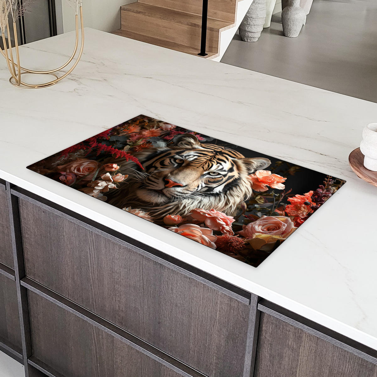 HERDABDECKPLATTE Tiger - Tier - Natur - Floral - Botanisch Induktionsschutz 91.6x52.7 cm - Orange, Kunststoff (91.6/52.7/0.2cm) - MuchoWow