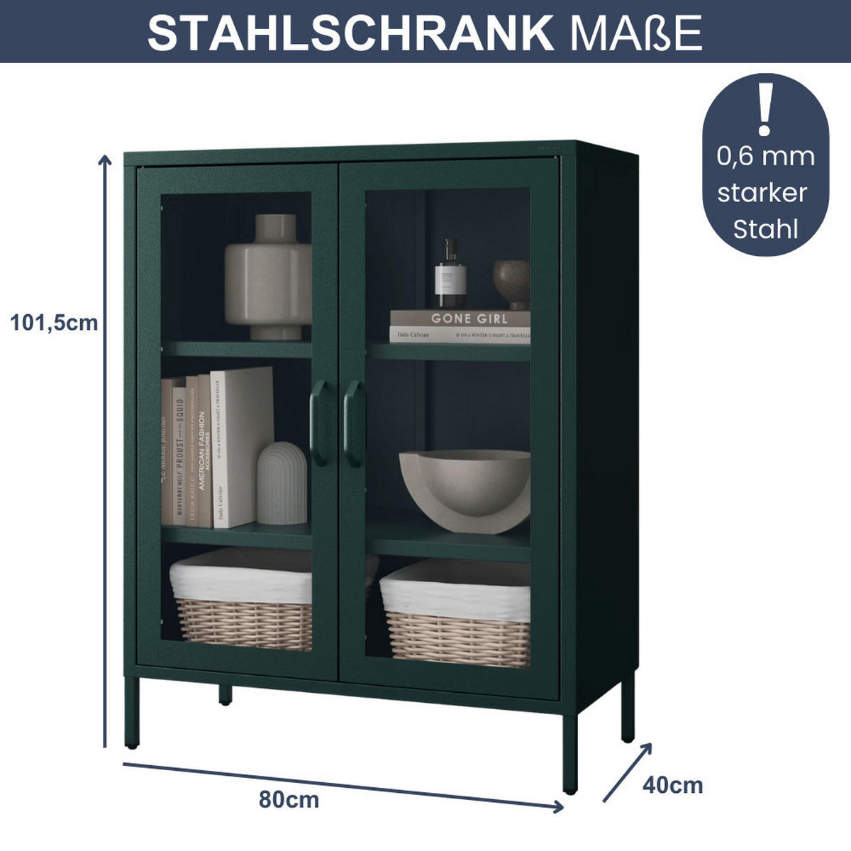 VITRINENSCHRANK Wohnzimmer klein EKER 101,5x80x40cm Dunkelgrün - Dunkelgrün, Metall (80/101.5/40cm) - DELUKE