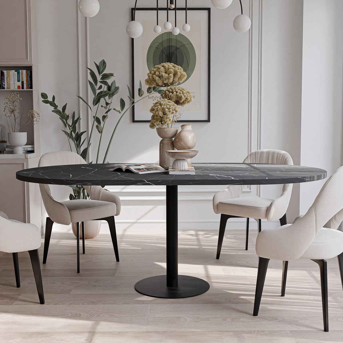 TISCH einbeinig schwarzes Bein, MDF Tischplatte, Grigia Pietra - Schwarz, Holzwerkstoff (100/100/76cm) - Idohome