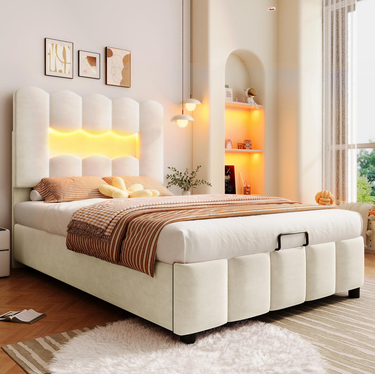 POLSTERBETT 90/200 cm Beige aus Samt mit Bettkasten und LED-Beleuchtung - Beige, Textil (90/200cm) - OKMYHOME
