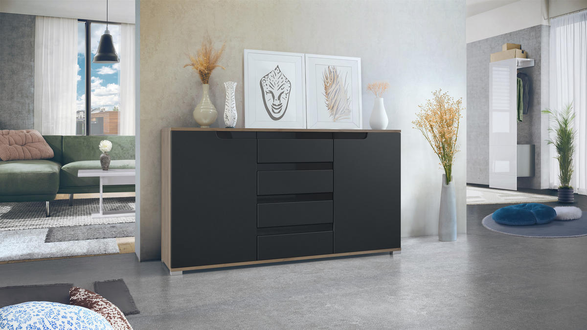 SIDEBOARD Sylt Schwarz matt / Schwarz Hochglanz - Schwarz, Holzwerkstoff (138.5/75.5/35cm) - Vladon
