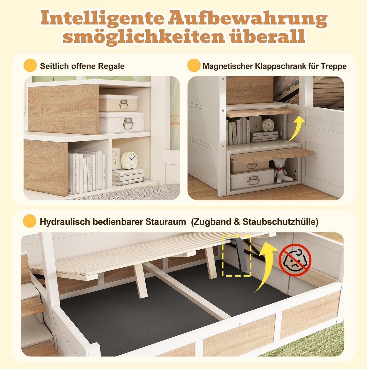 ETAGENBETT Holz 140x200 cm Weiß/Natur mit Treppenschrank, Stauraum und Lattenrosten - Weiß, Holz (140/200cm) - Modfu