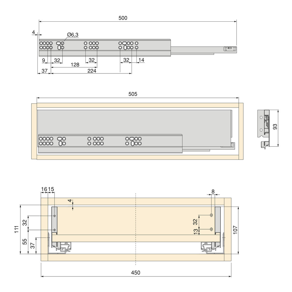 SCHUBLADEGARNITUR Vertex für Küche oder Badezimmer, 93 mm hoch, mit Einlegeböden, Modul 450 mm, Anthrazitgrau - Anthrazit, Metall (43.5/8/53cm) - EMUCA