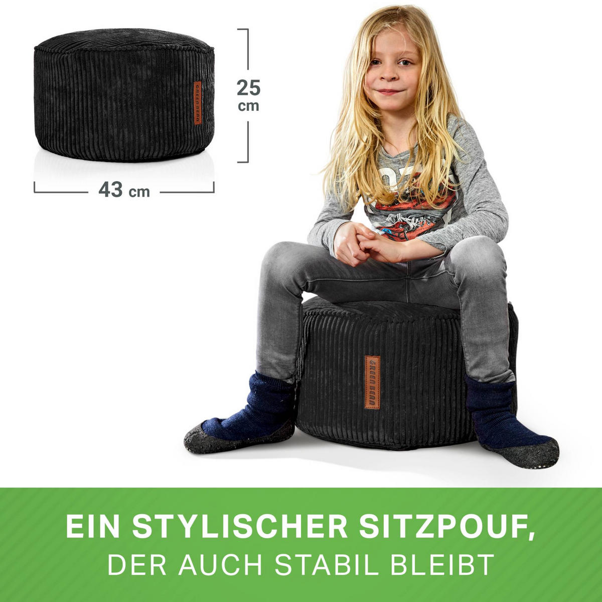 SITZSACK-HOCKER Pouf "Cord" 45x25cm - Schwarz, Textil (45/25/45cm) - Green Bean