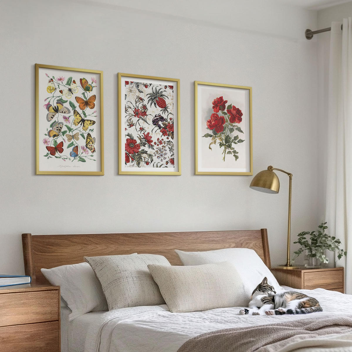 WANDBILDER 3er Set - 40x60 cm Goldrahmen - Schmetterlinge, Blumen, rote Rosen - Goldfarben, Kunststoff (40/60cm) - ArtPrintCave