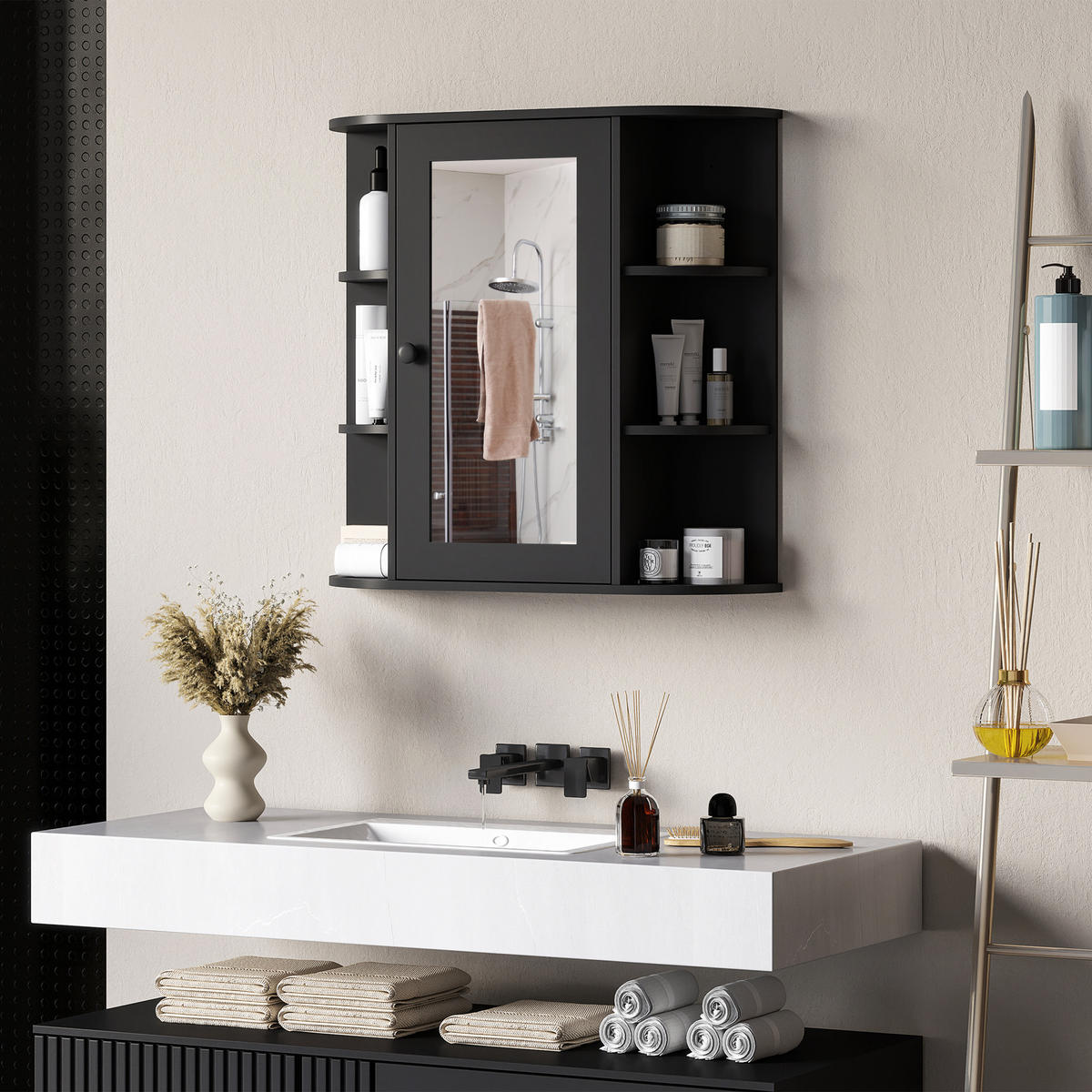 SPIEGELSCHRANK Spiegelschrank mit 6 offenen und 2 geschlossenen Ablagen,66 x 17 x 63 cm ,Schwarz - Schwarz, Glas (66/63/17cm) - Vallsero