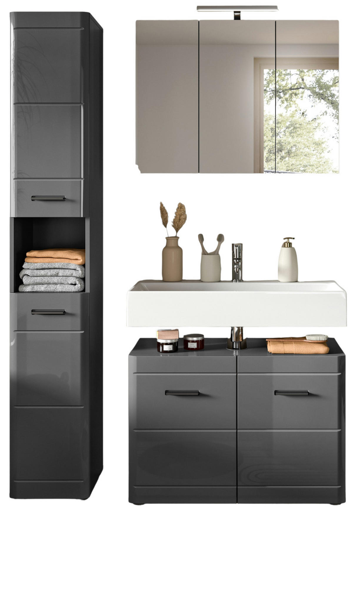 BADMÖBEL-SET grau Hochglanz 125 cm, Komplettset mit Soft-Close - Grau, Glas/Holzwerkstoff (125/190/34cm) - Inn.Furn