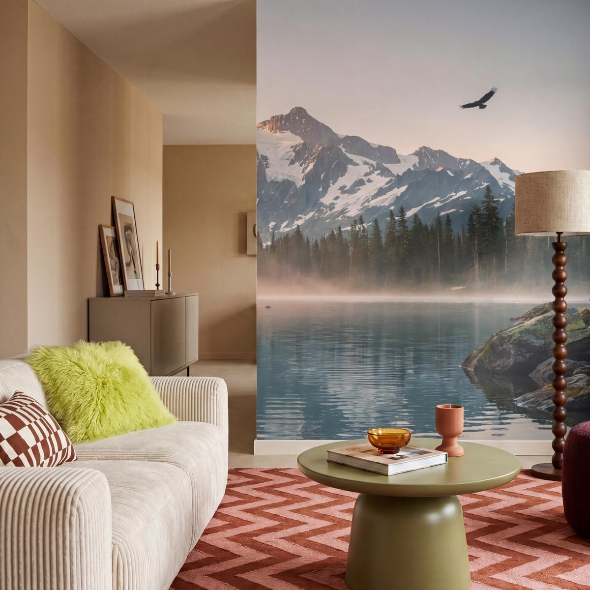 TAPETE - Berge - Wasser - Bäume - 160x220 cm - Multicolor, Papier (160/220cm) - OnlyWow