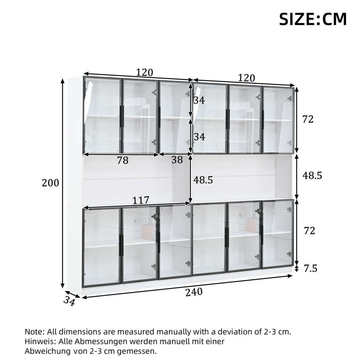 VITRINE 240/34/200 cm in Weiß mit 12 Glastüren und LED-Beleuchtung - Weiß, Holzwerkstoff (240/200/34cm) - Flora Grace