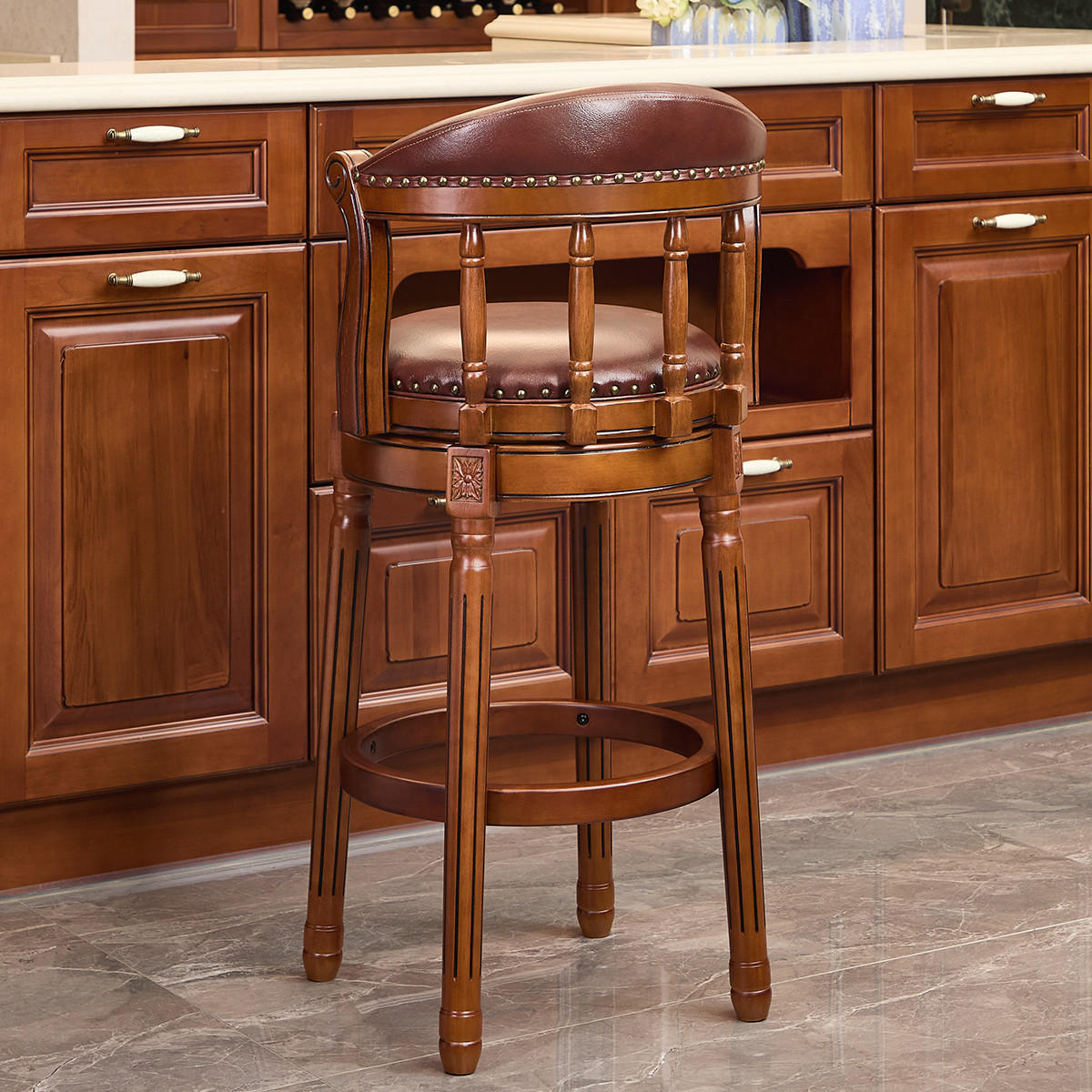 BARHOCKER Braun 1er-Set 360° drehbar mit Echtleder und Rückenlehne - Braun, Holz (54.8/96/54.8cm) - PANGIVO