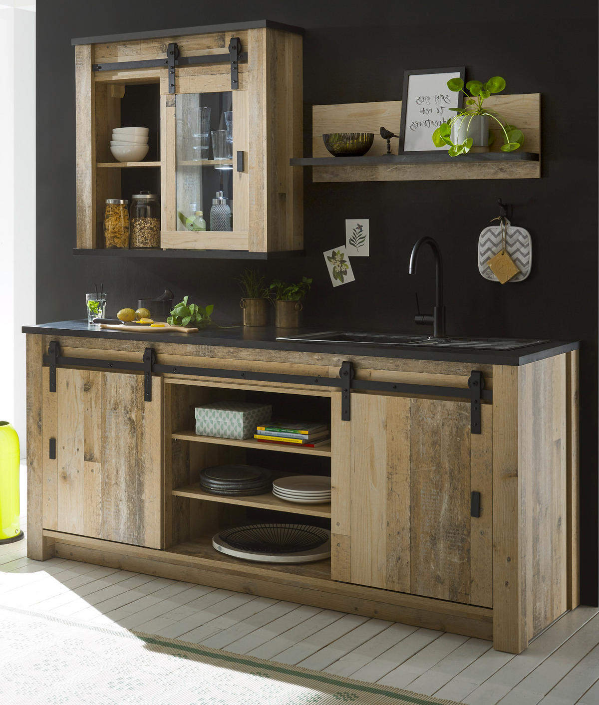 HÄNGESCHRANK Used Wood hell, anthrazit 93 cm Vintage, Küchenschrank mit Schiebetür - Anthrazit/Schwarz, Glas/Holzwerkstoff (93/90/31cm) - Furn.Design