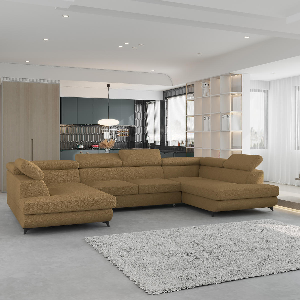 WOHNLANDSCHAFT VINTESSA Orange Boucle-Stoff mit Schlaffunktion - Orange, Holz (323/89/190cm) - MASSENO