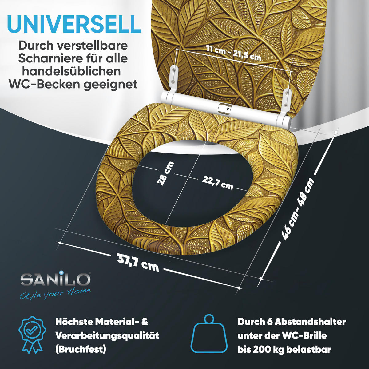 WC-SITZ mit Absenkautomatik & Top Fix Bractea - Goldfarben, Holzwerkstoff (37.7/5.5/48cm) - Sanilo