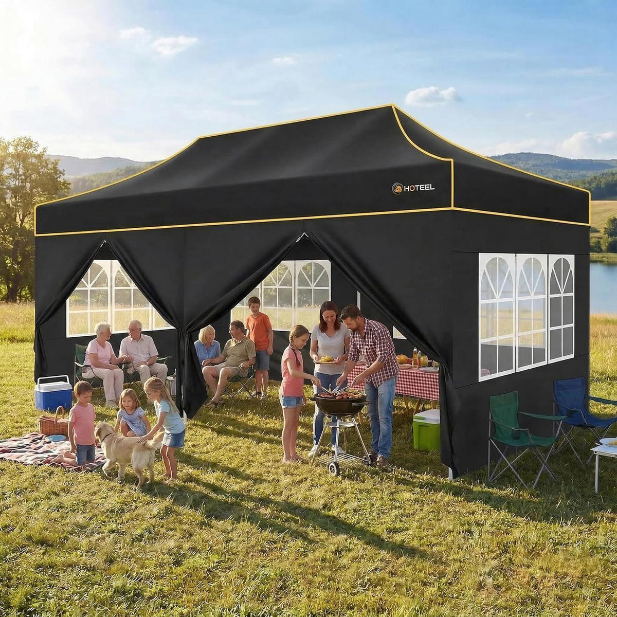 FALTPAVILLON 3x6m Schwarz Wasserdicht Stabil Winterfest Sechskant-Gestell 6 Seitenteile - Schwarz, Textil (300/320/600cm)