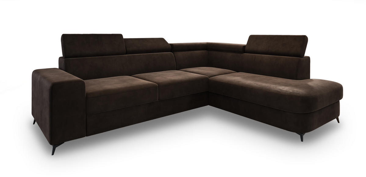 ECKSOFA ALVORO R-S Braun Velours-Stoff mit Schlaffunktion - Braun, Holz (253/190cm) - MASSENO