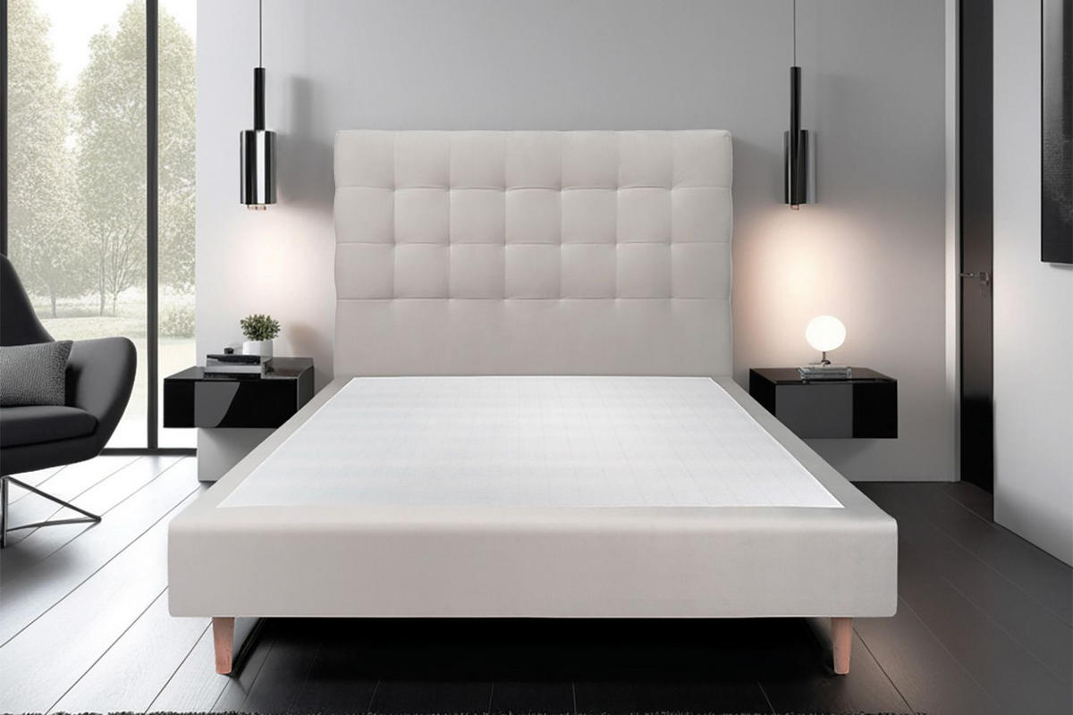 KOPFTEIL gepolstert - Gesteppt – hellgrauer Samtstoff - 140 cm - Beige/Hellgrau, Holz (140/120/10cm) - Sommeil de Plomb
