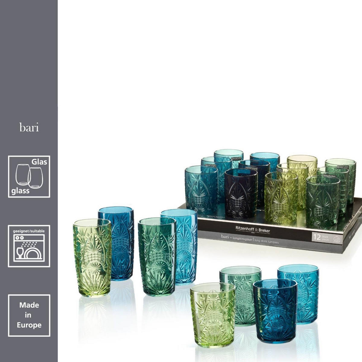 BARGLÄSER-SET Bari blau-grün 24er Set - Blau/Grün, Glas (0.001L) - Ritzenhoff Breker