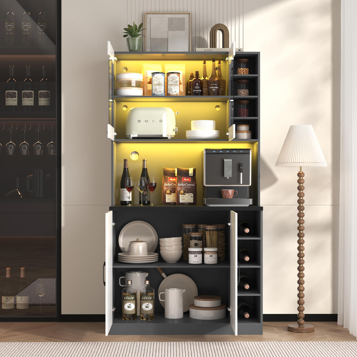 BUFFET Weiß Grau 100/47/187 cm - Weiß, Holz (100/187/47cm) - PANGIVO