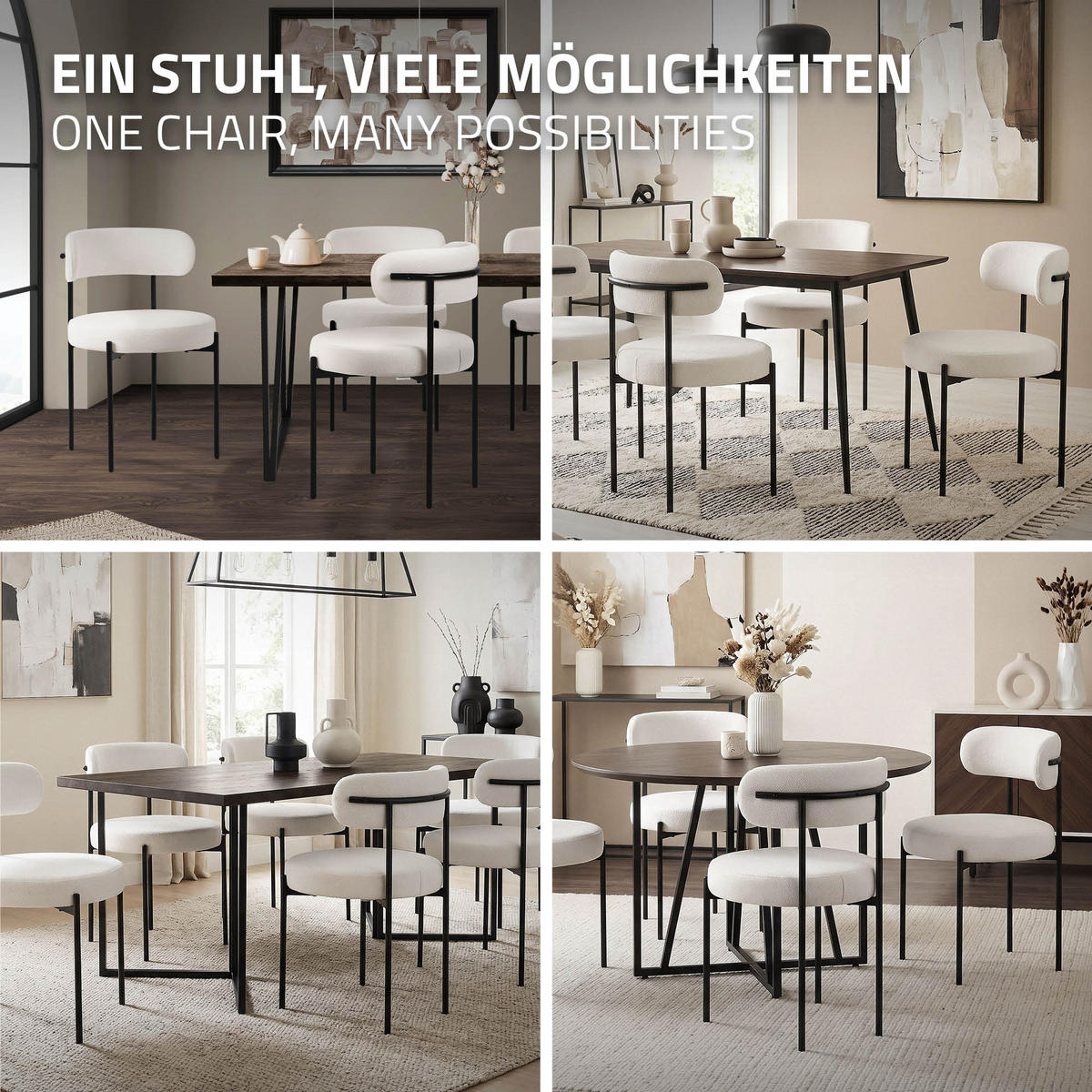 ESSZIMMERSTÜHLE 4ER-SET Weiß Teddystoff - Schwarz/Weiß, Metall (53/78/50cm) - ML-DESIGN