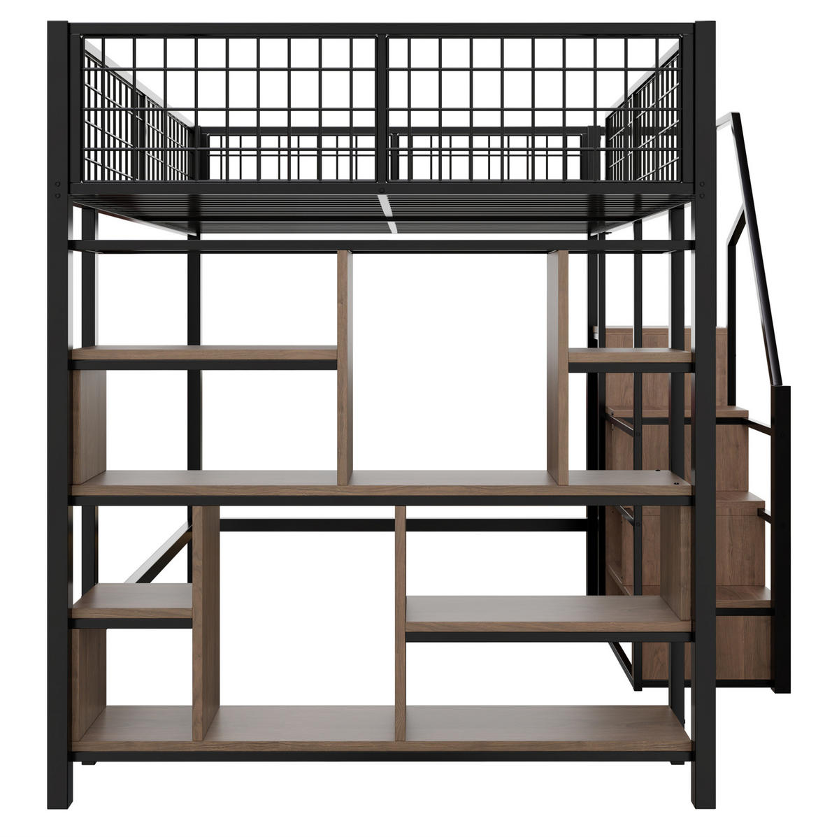 HOCHBETT 140/200 cm Schwarz aus Metall und Holz mit Stauraumtreppe - Schwarz, Metall (140/200cm) - OKMYHOME